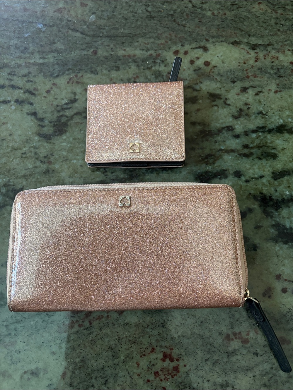 kate spade Rose Gold Glitter Zip Wallet & Card Holder Set